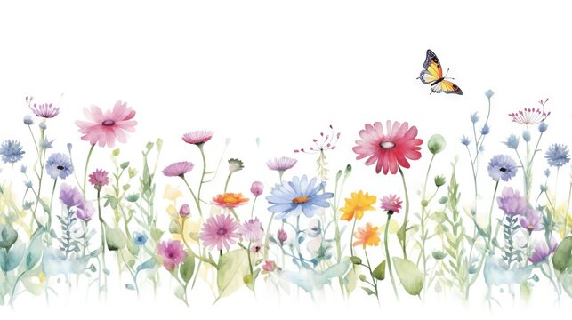  a watercolor painting of a field of flowers with a butterfly.  generative ai