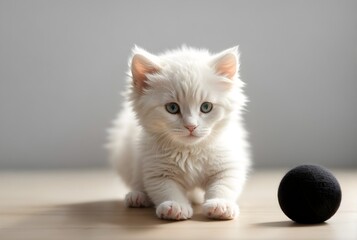 Adorable little white fluffy cat playing with black wool ball background, cute animals wallpaper , banner with copy space text 