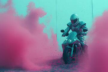 Futuristic post-apocalypse action scene with hero in sci-fi style. Vaporwave surreal shot with pink and blue smoke.