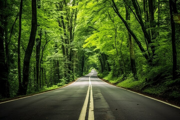 Obraz premium View of the road through the green forest.