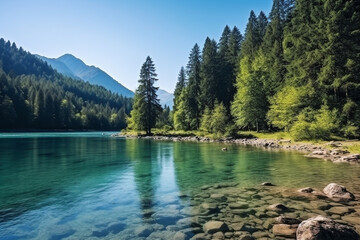 Forest lake with mountain landscape background.