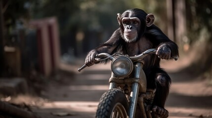Obraz na płótnie Canvas Chimpanzee monkey sitting on a motorbike on a dirt road