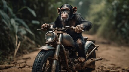 Chimpanzee monkey sits on a motorcycle in the jungle.