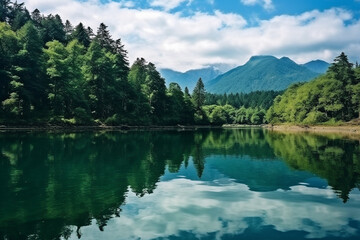 Fototapeta na wymiar Forest lake with mountain landscape background.