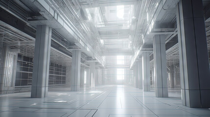 Interior of white industrial hangar or warehouse. Modern architecture industrial room.
