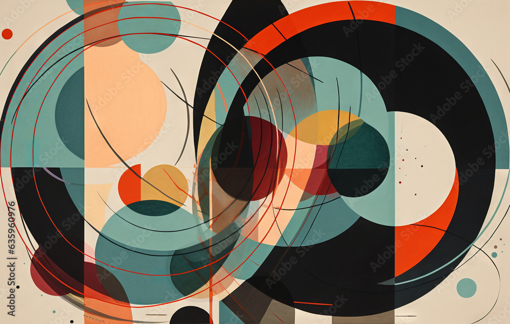 Poster Abstract background in the style of expressionism, modern and Bauhaus. Artistic abstraction with colorful circles and lines.