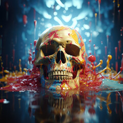 colorful wet paint splash on skull