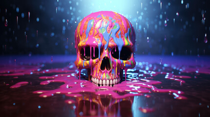 colorful wet paint splash on skull
