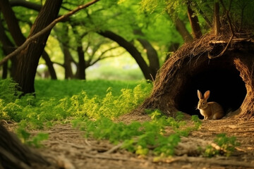 Rabbit nest in the forest.