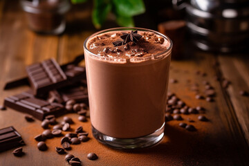 Chocolate smoothie with chocolate powder poured on wooden background.