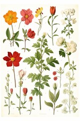 Simple, clean botanical illustration of assorted red, orange, pink, and white wildflowers on a white background.