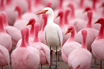 Obraz premium White bird look straight ahead, bird stand out in the flock.