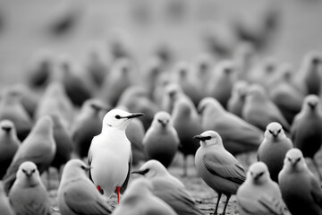 White bird look straight ahead, bird stand out in the flock. - Powered by Adobe