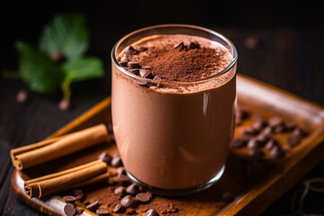 Chocolate smoothie with chocolate powder poured on wooden background. - obrazy, fototapety, plakaty