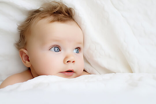 portrait d'un bébé aux yeux bleus en gros plans sur fond blanc à la sortie du bain