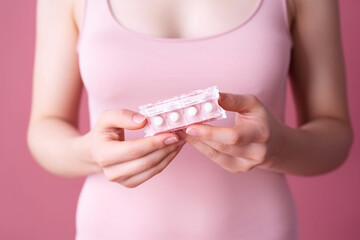 Contraceptive pills in female hands. - obrazy, fototapety, plakaty