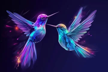 Fotobehang Kolibrie Colorful hummingbirds fly on blue background.