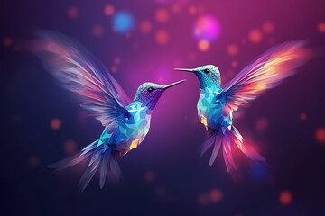 Fototapeta premium Colorful hummingbirds fly on blue background.