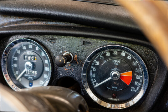 MGB Vintage car close up of dials on the dash board