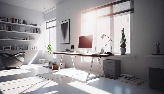  Home office for remote work. White walls with desk and sunlight rays streaming through windows. Bright minimalist interior, modern living room, Ai generated image 