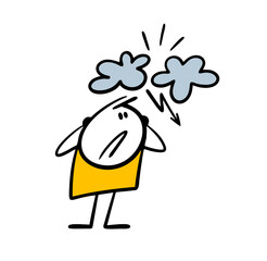 Stick figure man covered ears in fear and is afraid of clouds, thunder and lightning. Vector illustration of bad weather, scared character and future rain.