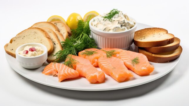  a plate of salmon, bread, and a bowl of cream cheese.  generative ai