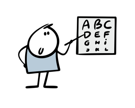 Cartoon doctor in the hospital checks the patient eyesight, points to the letters with a pointer. Vector illustration of a poster with the alphabet.