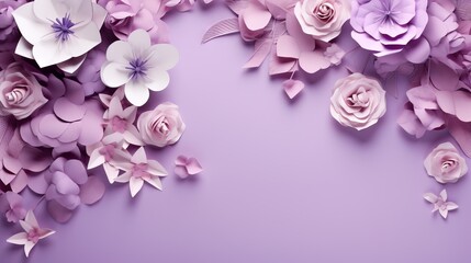  a bunch of paper flowers on a purple background with butterflies.  generative ai