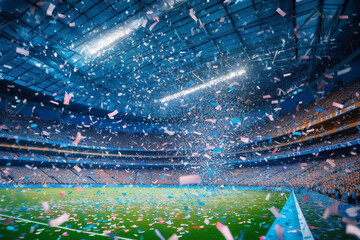 Celebration time with colorful paper on stadium background.