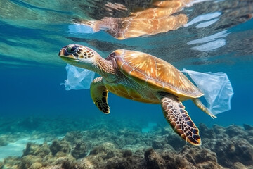 Obraz premium Sea turtles trapped in plastic bags on coral reefs in the sea.