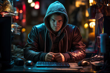 A hacker in a hoodie sits at a laptop and looks at a screen with green symbols. Concept of cyber security. Protection of information data.