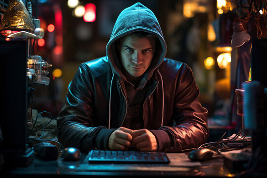 A hacker in a hoodie sits at a laptop and looks at a screen with green symbols. Concept of cyber security. Protection of information data.