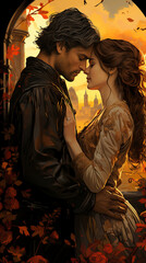 Captivating embrace of a prince and princess in exquisite medieval attire, setting the scene for a tale of passionate love - obrazy, fototapety, plakaty