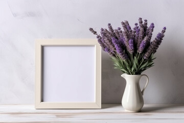 Blank frame with purple lavender in a vase.