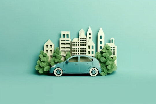 Eco car with green cityscape paper cut style.