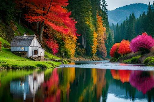 A house on a river side with colourfull trees