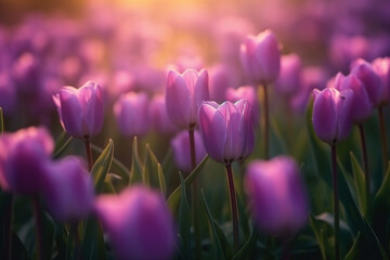 Close up tulip on field with  sunrise background.
