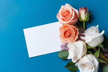White blank paper card with roses on pastel color background.