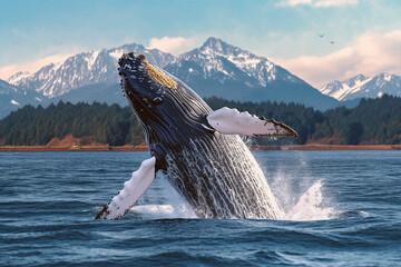 Whale  jumping on the ocean with mountain background. - obrazy, fototapety, plakaty