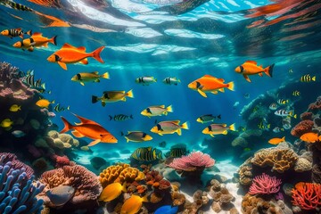 Fototapeta na wymiar A vibrant coral reef stretches out, teeming with an array of colorful fish and intricate plant life - AI Generative
