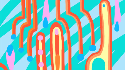 Abstract geometric background, alien fantasy landscape. Colored doodles, memphis style. Creative pattern. Floral or electronic circuit ornaments. Vector. For print, textile, cover, web design.