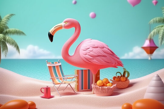 Flamingo on the beach with summer concept.