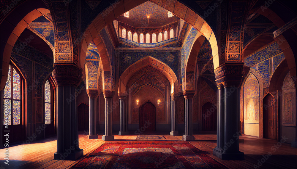 Wall mural interior of a white mosque, luxury mosque, interior of a mosque country, ai generated image