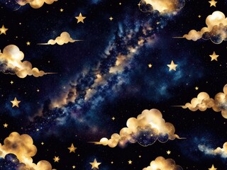 Seamless pattern of the night sky with gold foil clouds watercolour