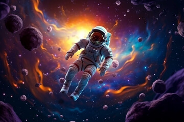 Obraz na płótnie Canvas Astronaut floating around in the galaxy with planets background.