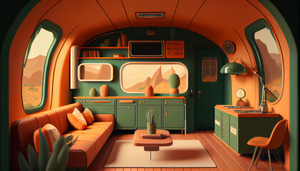 Interior in orange and green khaki colors, modern living room, Ai generated image 