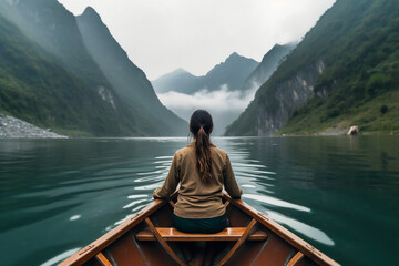 Woman sitting on boat and beautiful river with mountain nature background.