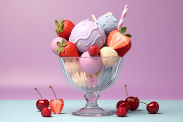 ice cream on bowl glass with berry on pastel background .