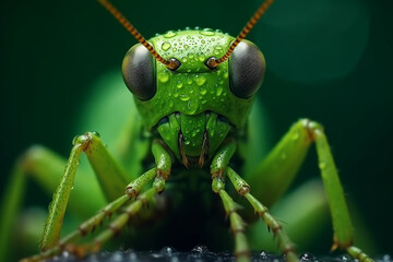 Close up of grasshopper on green leaf background. - obrazy, fototapety, plakaty