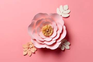 Origami pink flower on pink background ,paper cut style.
